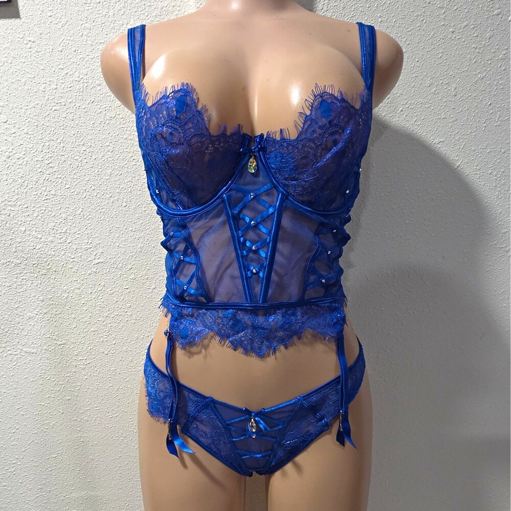 Honey Birdette Blue Floral Lace Mesh Underwired Sheer Bra Set 32DDD/F